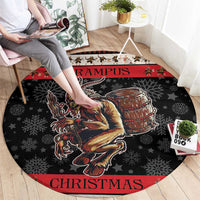 Round Christmas rug featuring Krampus devil carrying a drum, red edging on dark base.