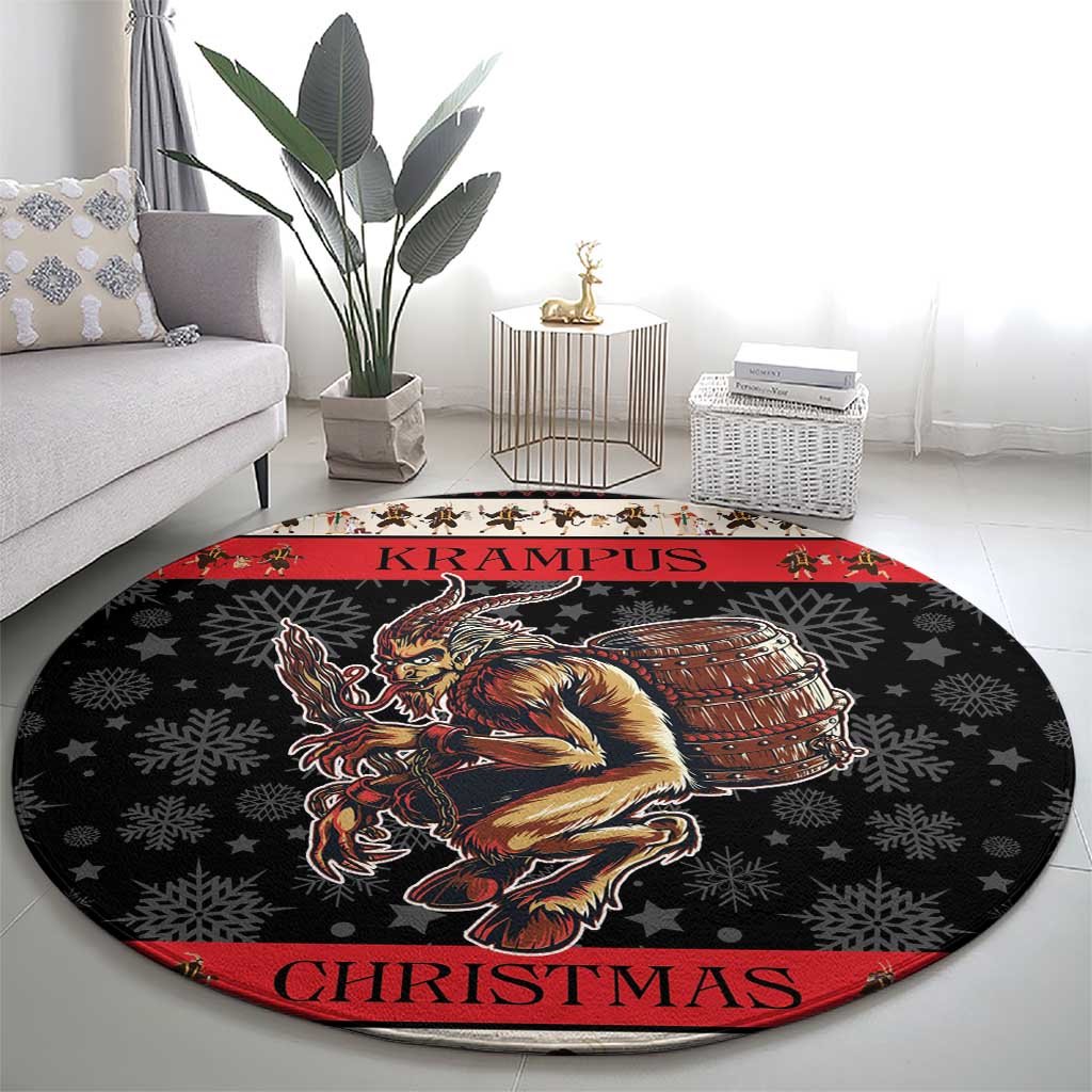 Round black carpet rug with Krampus artwork and red 'CHRISTMAS' band, snowflake and star icons.