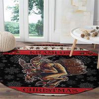 Red-trimmed round rug with Krampus devil and drum graphic, black field with snowflake pattern.