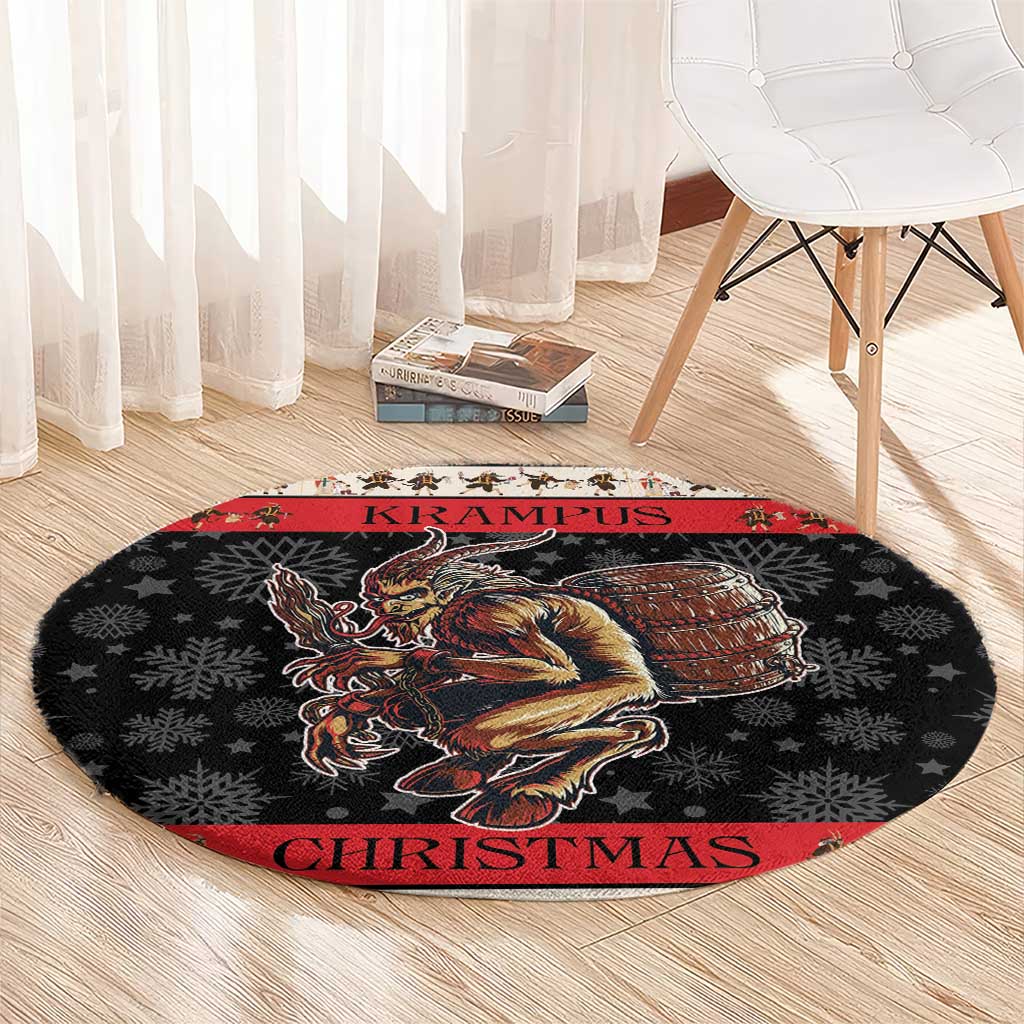 Round Christmas carpet with Krampus devil artwork, red border and 'CHRISTMAS' text on black.