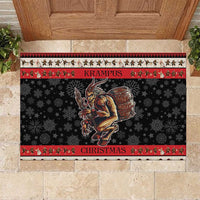Krampus Christmas doormat in black with red border, snowflakes, and cartoon figure