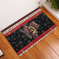 Black rubber doormat with red striped edge, snowflake pattern, and Krampus holding a barrel