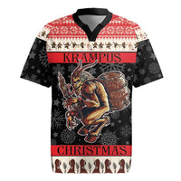 Red-and-black holiday rugby jersey with horned devil graphic and black V-neck collar