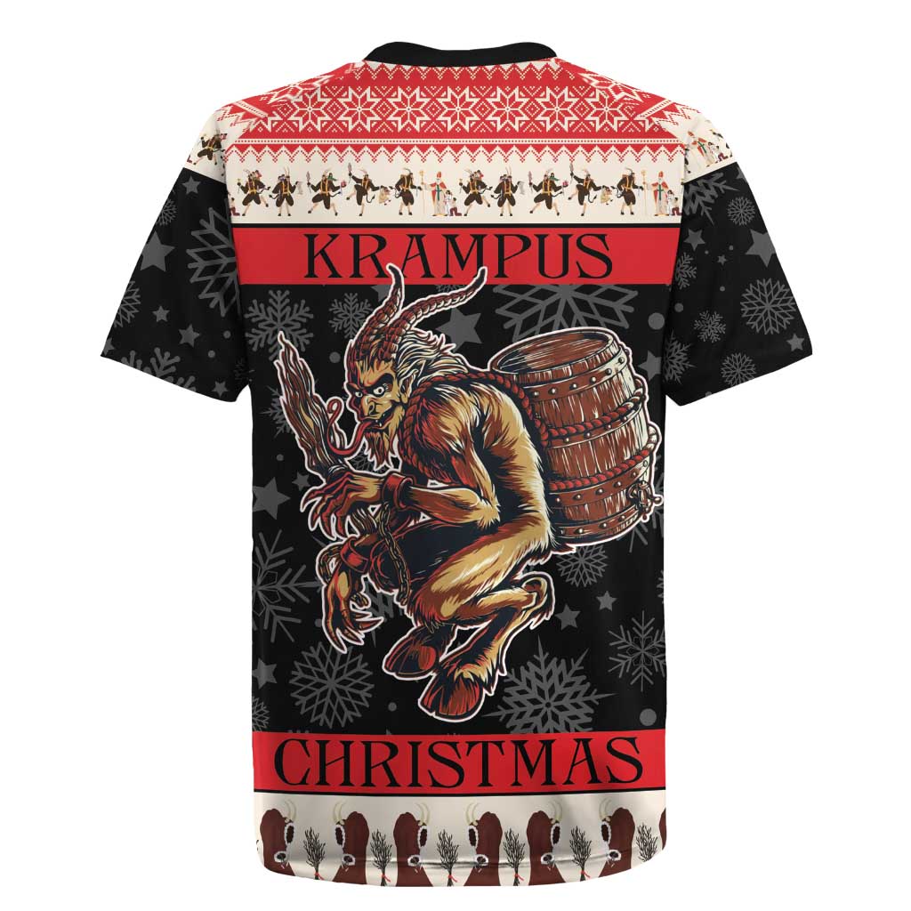 Back view holiday rugby jersey, red yoke with horned devil and barrel artwork