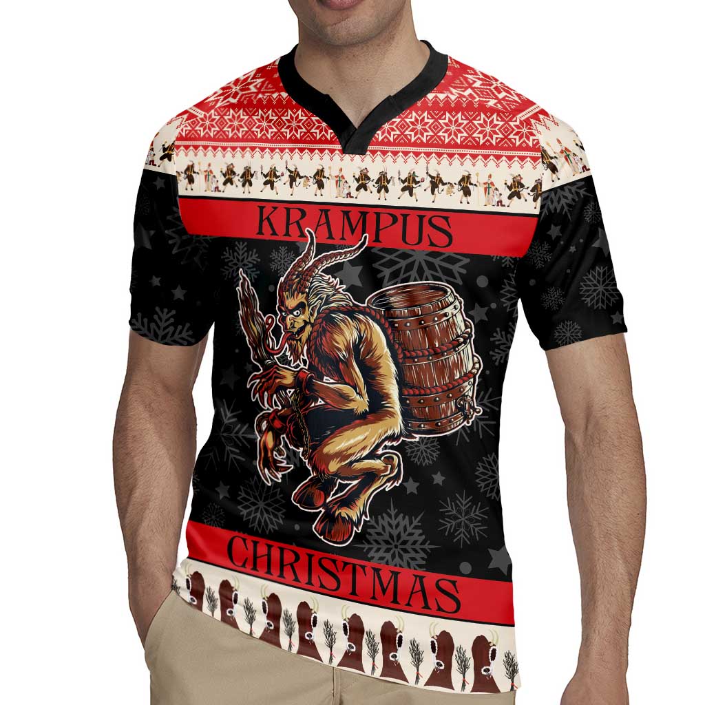 Mens red-and-black holiday rugby jersey with horned devil print and CHRISTMAS band