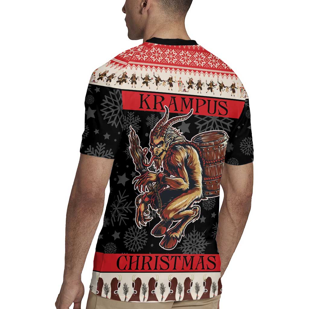 Back of red-and-black holiday rugby jersey with horned devil, barrel art, and red band