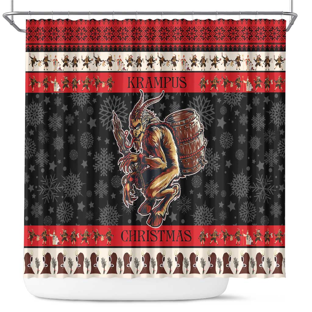 Christmas shower curtain with horned demon carrying a barrel, stars and snowflake pattern