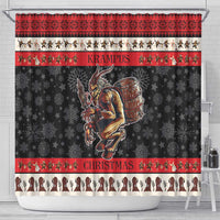 Red, black and cream Christmas shower curtain with demon graphic and 'CHRISTMAS' text band