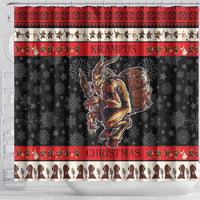 Red and black Christmas shower curtain with 'KRAMPUS' title, horned demon and barrel graphic