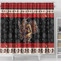 Red and black Christmas shower curtain with horned demon holding a barrel and snowflake print