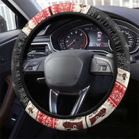 Red-and-white holiday steering wheel cover with black trim and character graphics
