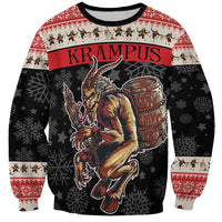 Unisex red and black holiday sweatshirt with KRAMPUS graphic, devil holding a drum