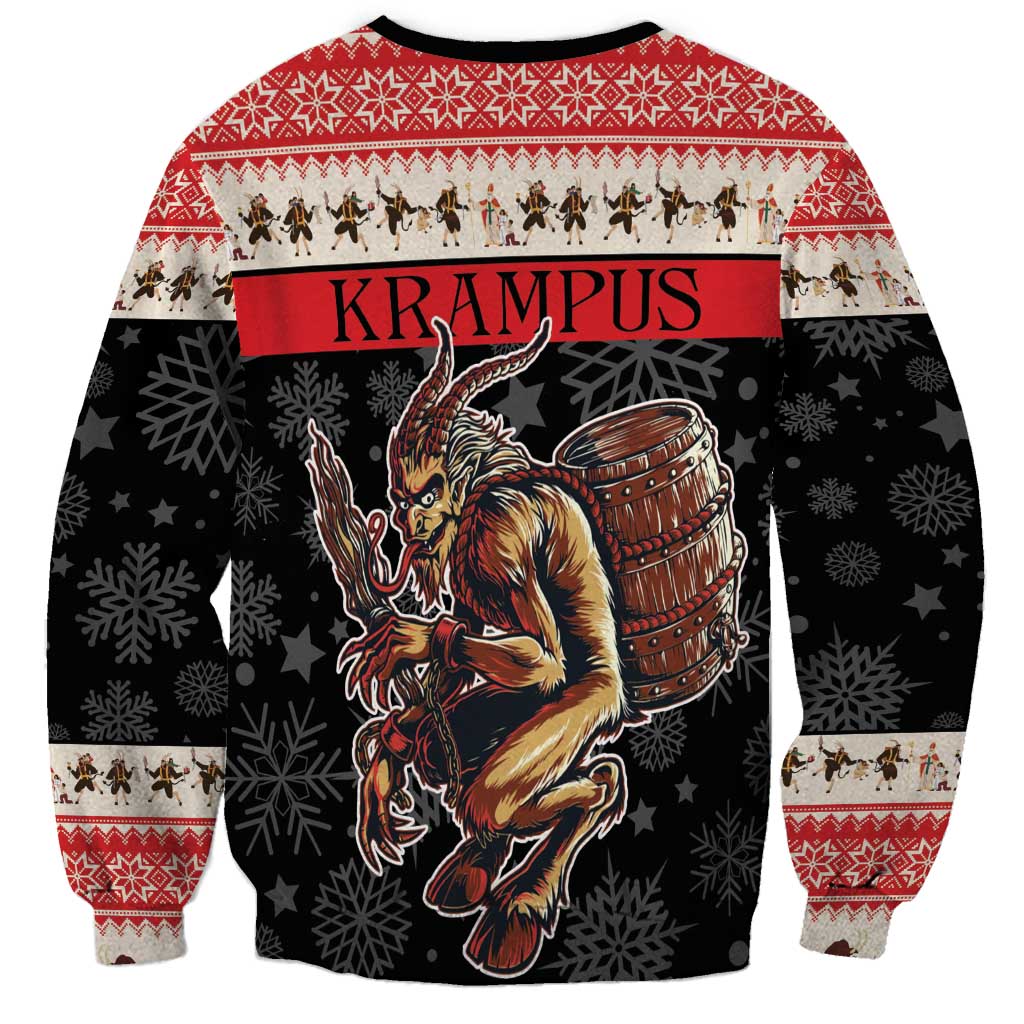 Unisex red and black holiday sweatshirt with KRAMPUS banner, horned devil and drum on front