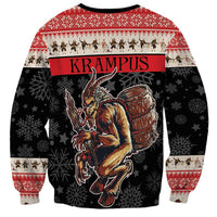 Unisex red and black holiday sweatshirt with KRAMPUS banner, horned devil and drum on front