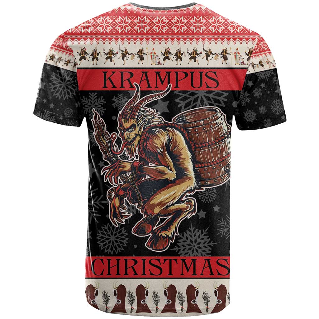 Christmas devil graphic T-shirt, red and black, back view with KRAMPUS and CHRISTMAS text, monster