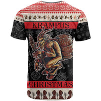 Christmas devil graphic T-shirt, red and black, back view with KRAMPUS and CHRISTMAS text, monster