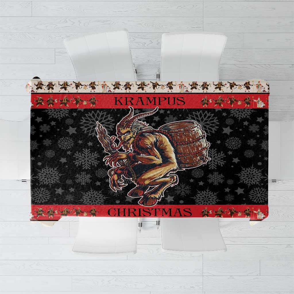 Krampus-themed Christmas tablecloth panel with devil figure, stars, snowflake pattern