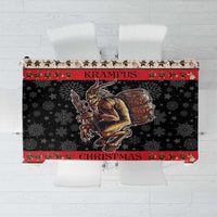 Krampus-themed Christmas tablecloth panel with devil figure, stars, snowflake pattern