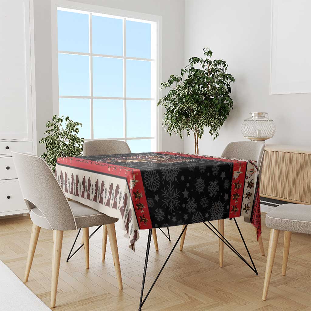 Krampus-themed Christmas tablecloth with black star and snowflake background, red edge