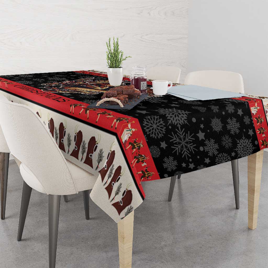 Krampus-themed Christmas tablecloth corner view with black stars and devil silhouette band