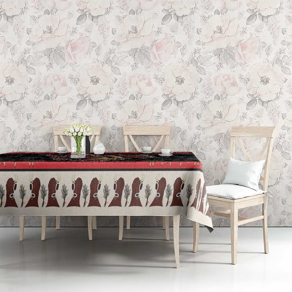 Krampus-themed Christmas tablecloth with repeating devil silhouette print and red trim