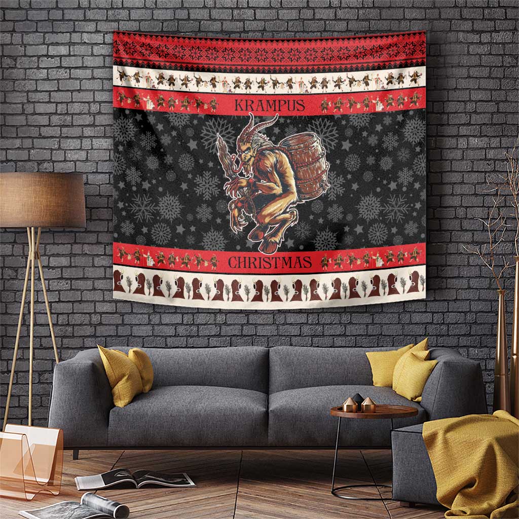 Christmas devil tapestry with Krampus figure, dark gray snowflake pattern and red striped bands