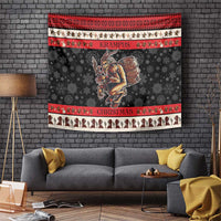 Christmas devil tapestry with Krampus figure, dark gray snowflake pattern and red striped bands