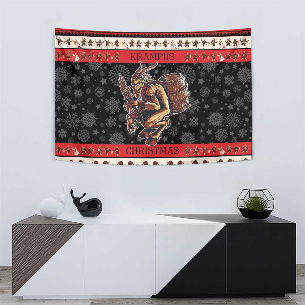 Christmas devil tapestry with Krampus and “Christmas” stripe accents, dark gray with red trim