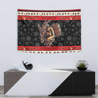Christmas devil tapestry with Krampus and “Christmas” stripe accents, dark gray with red trim