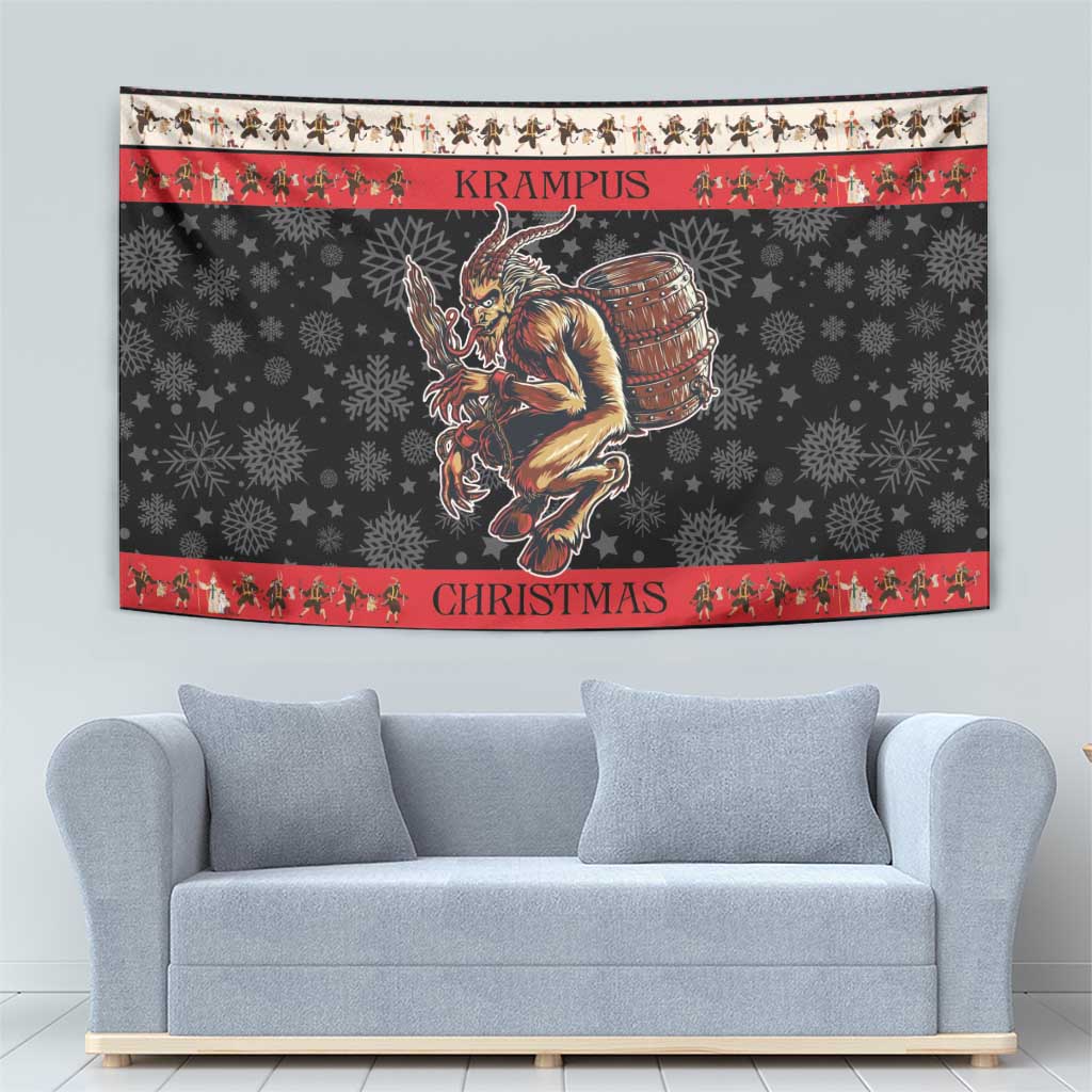 Christmas devil tapestry featuring Krampus artwork, dark gray snowflakes with red decorative stripes