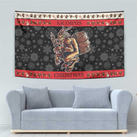 Christmas devil tapestry featuring Krampus artwork, dark gray snowflakes with red decorative stripes