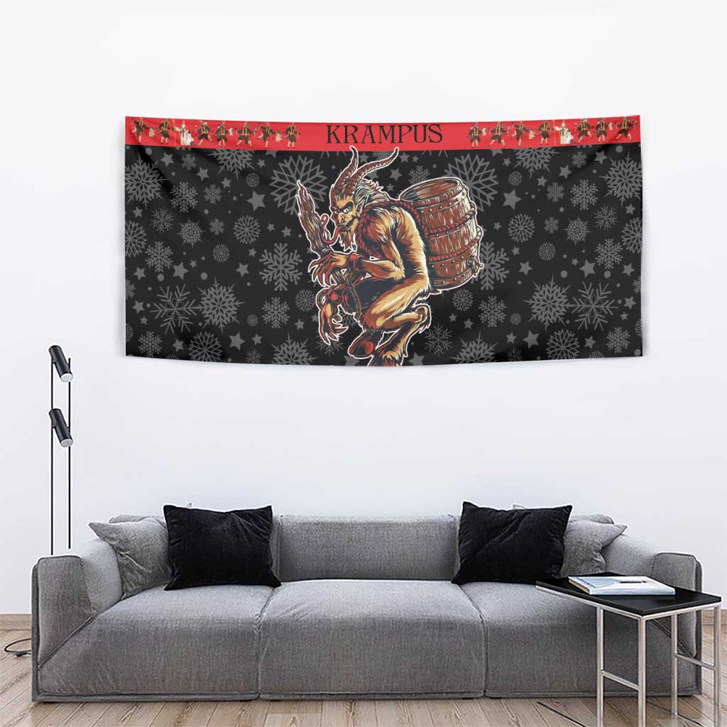 Christmas devil tapestry with Krampus holding a barrel, dark gray field with red header band