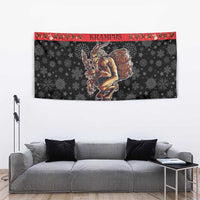 Christmas devil tapestry with Krampus holding a barrel, dark gray field with red header band