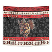 Christmas devil wall tapestry featuring Krampus on dark gray with red border and snowflakes