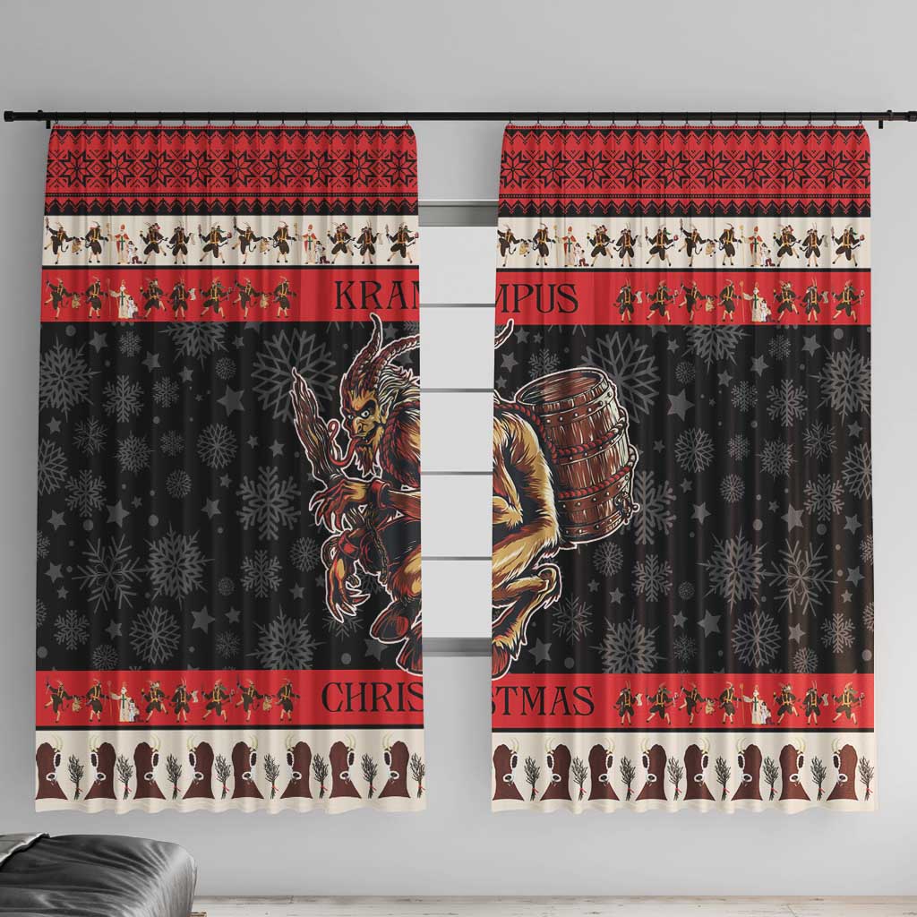 Front view of black and red Christmas window curtains with Krampus devil panel and border