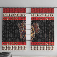 Front view of black and red Christmas window curtains with Krampus devil panel and border