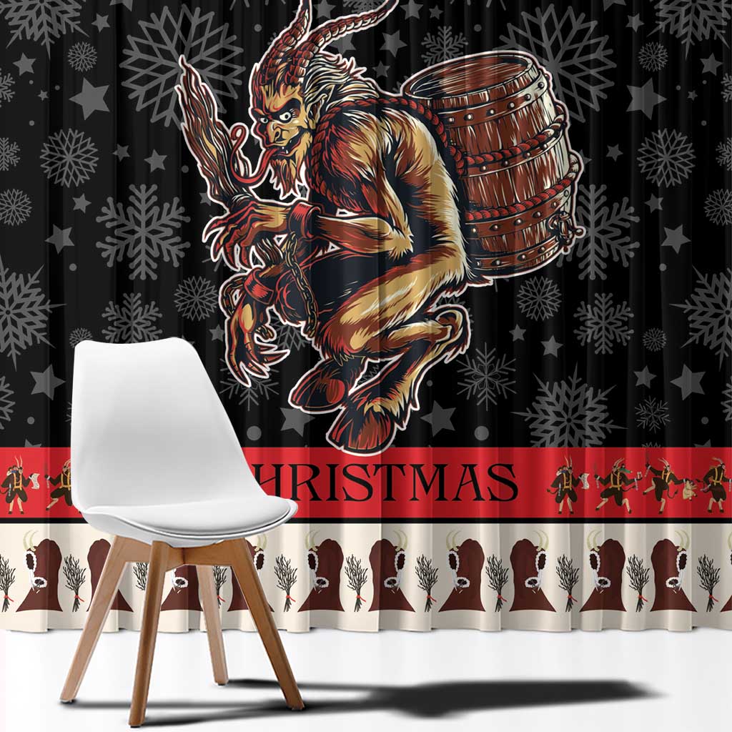 Black and red Christmas window curtain with Krampus devil holding a drum and sack