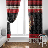 Black and red Christmas window curtains tied back, showing Krampus devil and lower bird border