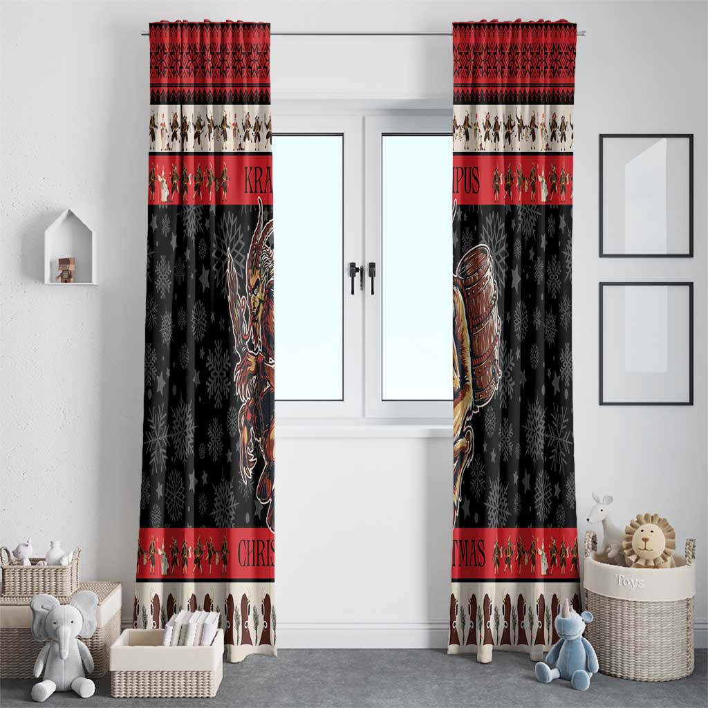 Pair of black and red Christmas window curtains with Krampus devil graphic and snowflake pattern