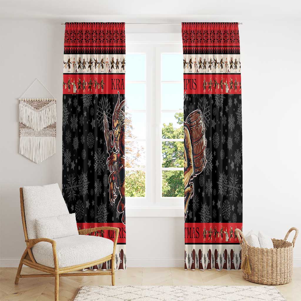 Hanging black and red Christmas window curtains with Krampus devil and red trim band