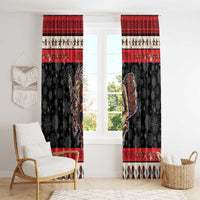 Hanging black and red Christmas window curtains with Krampus devil and red trim band