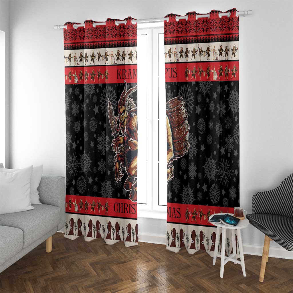 Black and red Christmas window curtains with Krampus devil artwork and lower penguin figure trim