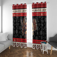 Black and red Christmas window curtains with Krampus devil artwork and lower penguin figure trim