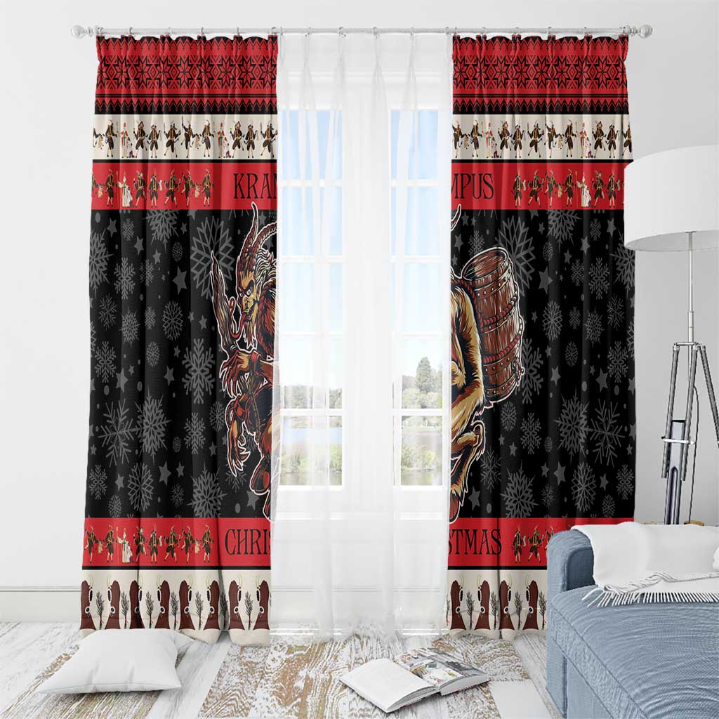 Two panel Christmas window curtain set with Krampus devil, stars, and snowflake motifs