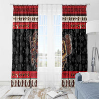 Two panel Christmas window curtain set with Krampus devil, stars, and snowflake motifs