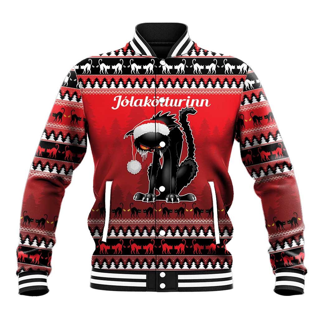 Red baseball jacket with black-and-white striped collar, festive cat graphic front