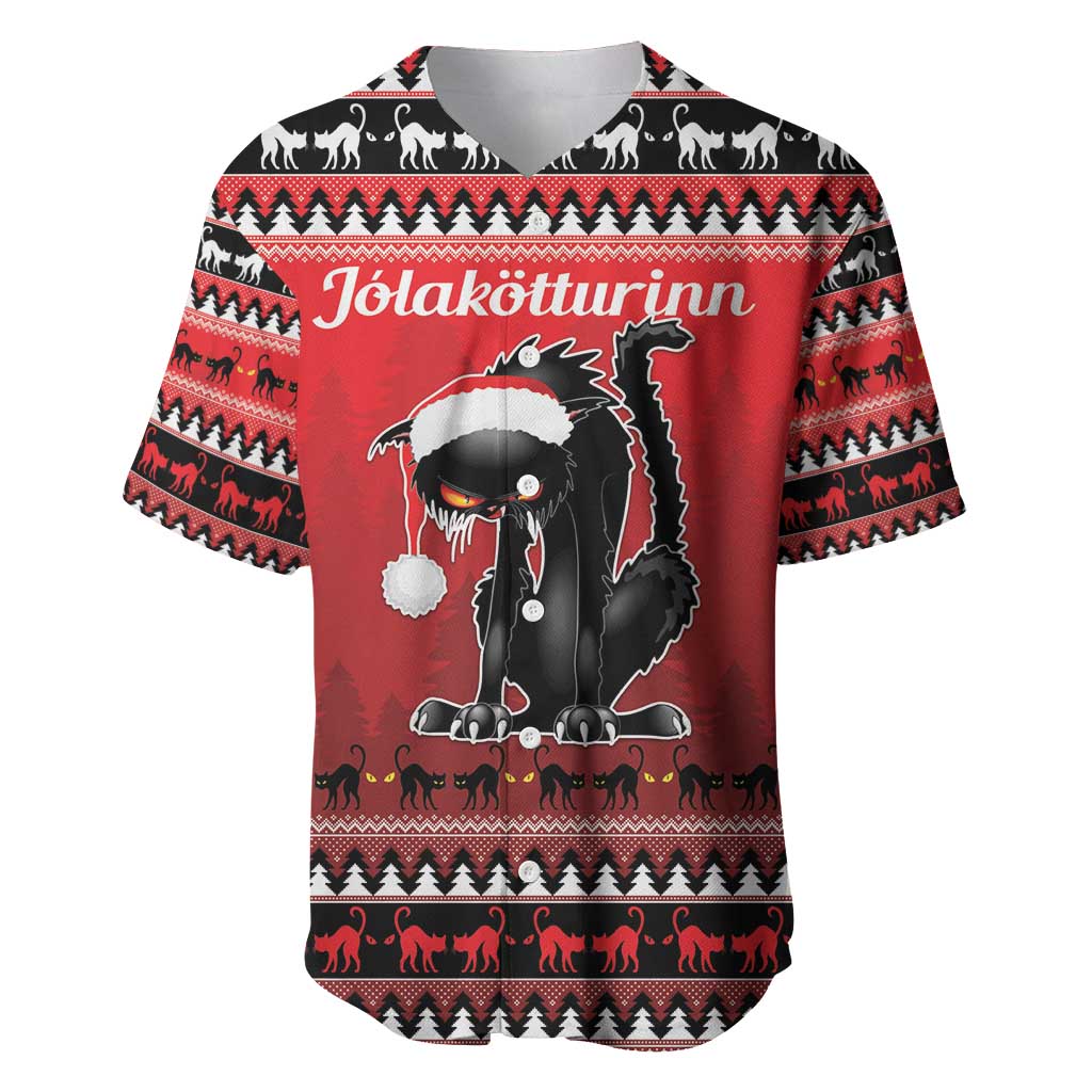 Red baseball jersey with Yule cat graphic and winter knit pattern, short sleeves.