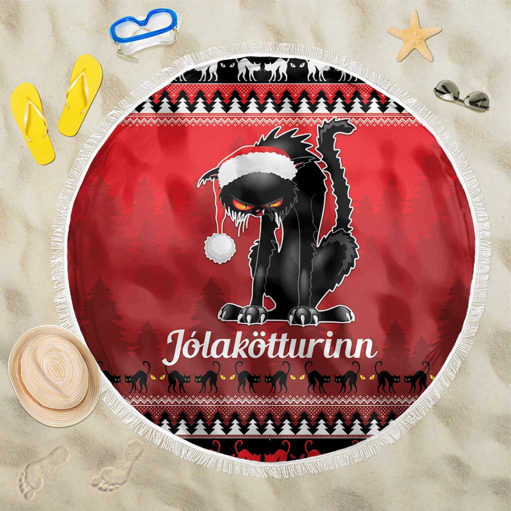 Red round beach blanket with fringed edge, black cat with Santa hat illustration
