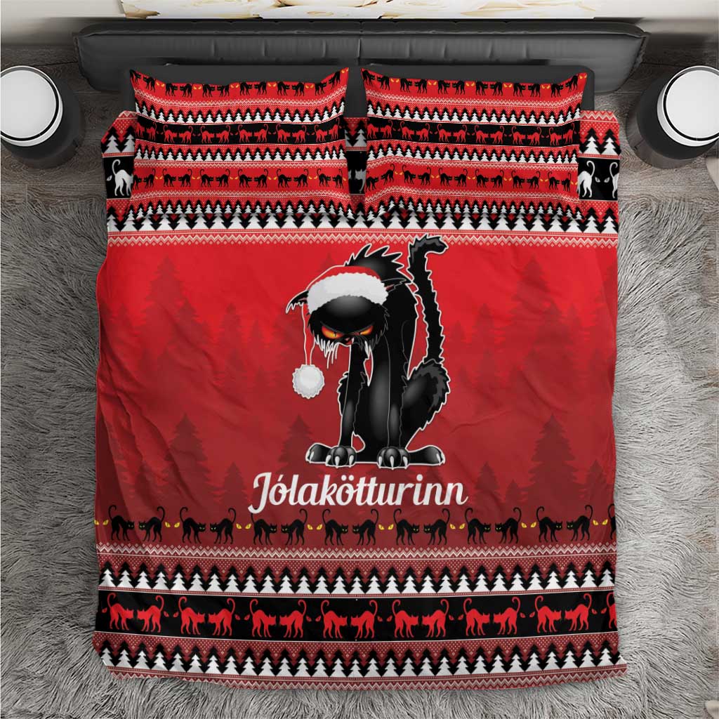 Red cat-themed Christmas bedding set, featuring Santa hat cat on duvet and pillow.