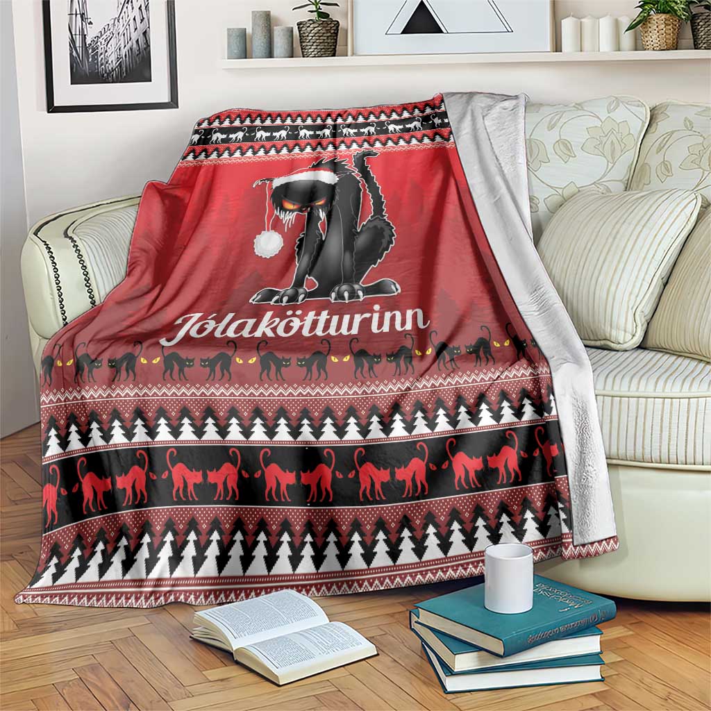 Red Iceland blanket throw with black cat wearing a white hat and festive patterned border